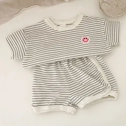 Summer Girls' Smiling Face Short Sleeve T-shirt Shorts Set Children's Winter Thickened Warm Long Sleeve Top Long Pants Set