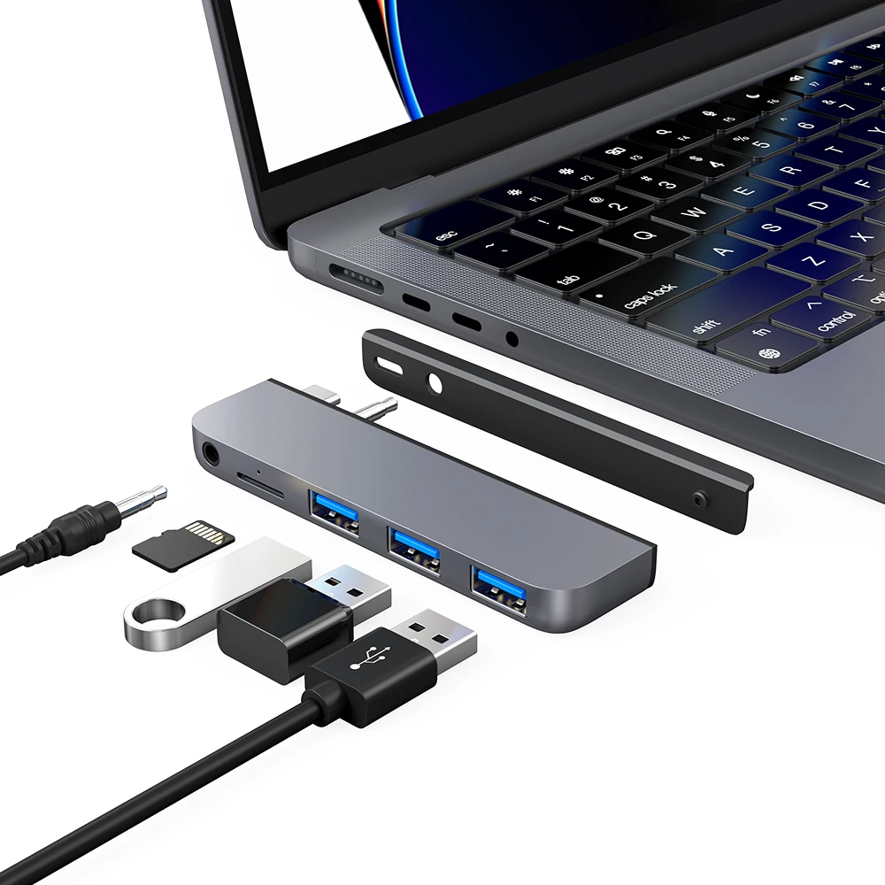 Qwiizlab USB C Hub 5-в-1 адаптер, USB 3,0 порт для передачи данных, Считыватель Карт microSD, 3,5 мм аудио разъем для 2023/2021 MacBook Pro 14 ''16''