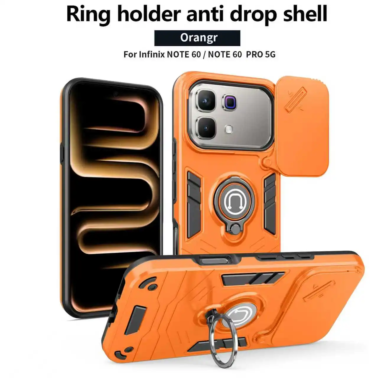 Rugged Armor Shockproof Phone Case with Sliding Window and Metal Ring Holder