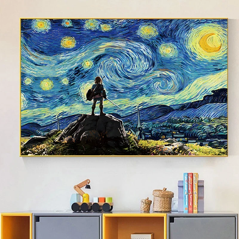 The Legend Of Zelda Painter Van Gogh Starry Night Canvas Painting Anime Game Wall Art Living Room Decor Home Wall Decor Gift