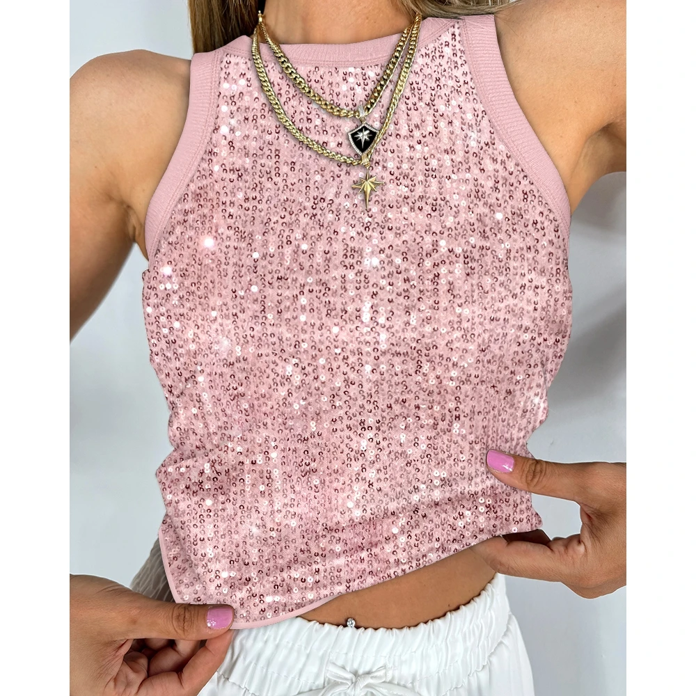 Women's U-Neck Allover Sequin O-neck Sleeveless Tank Tops Slim Fitted Shirt