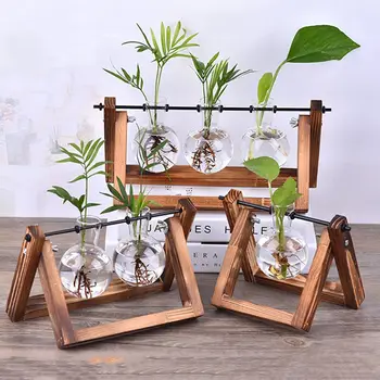 Hydroponic Plant Vases Glass Vase Vintage Bonsai Flower Pot Terrarium Tabletop Tray Wooden Frame Home Decor 1