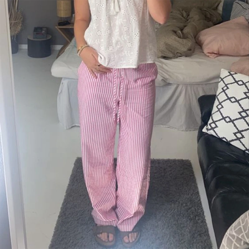 Pantalones anchos a rayas de moda elegante para mujer, ropa de calle coreana, informales, con cordón, de cintura alta, sueltos, rectos, largos, ropa de estar por casa