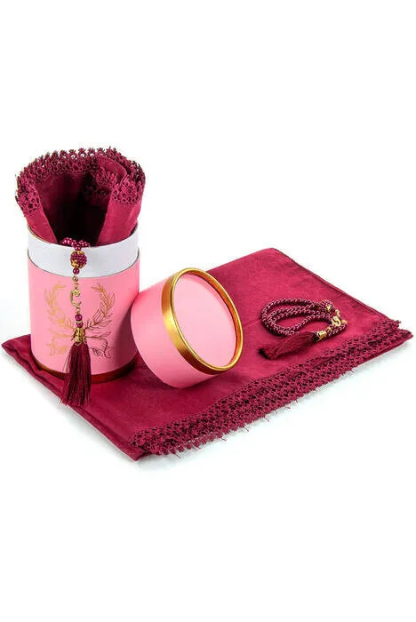 

IQRAH Custom Mom Set With Cylinder Box-Pearl Rosary-Cotton Patterned Fistle Mevlid-Red Color