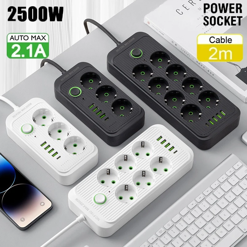 ปลั๊กไฟแบบ EU พร้อมเต้ารับหลายช่อง สายพ่วงไฟฟ้าพร้อมพอร์ต USB Type C ชาร์จเร็ว ตัวกรองไฟฟ้า สายยาว 2 เมตร 1