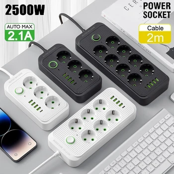 ปลั๊กไฟแบบ EU พร้อมเต้ารับหลายช่อง สายพ่วงไฟฟ้าพร้อมพอร์ต USB Type C ชาร์จเร็ว ตัวกรองไฟฟ้า สายยาว 2 เมตร 1