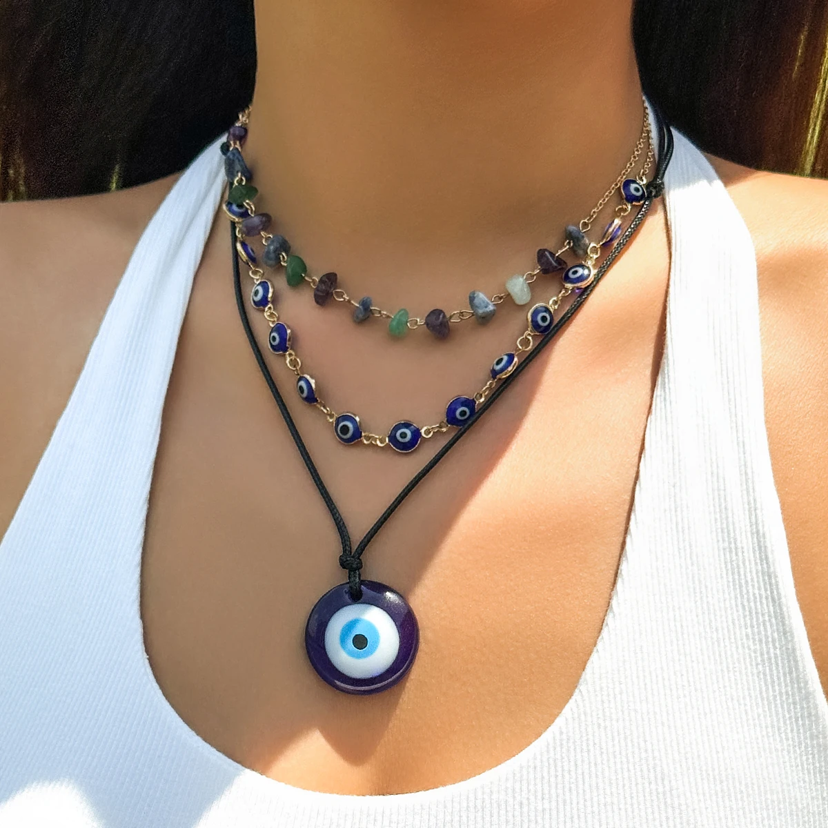 3Pcs Boho Creative Blue Turkish Lucky Evil Eye Pendant Choker Necklace for Women Irregular Bead Chain Y2K Jewelry Accessories