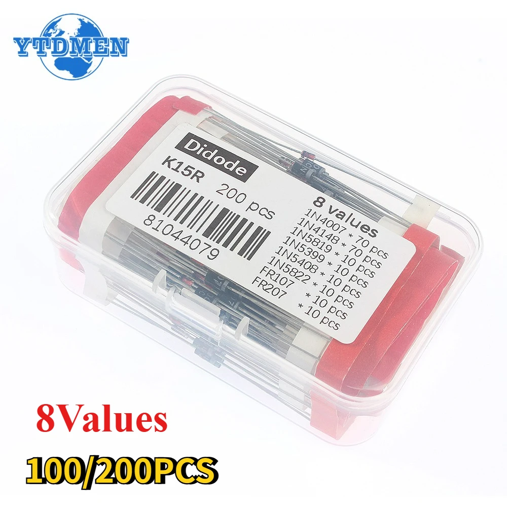 100-200pcs Rectifier Schottky Diode Kit 1N4007 1N4148 1N5408 1N5819 1N5822 1N4001 1N4004 1N5404 FR107 FR207 Fast Switching Diode 1