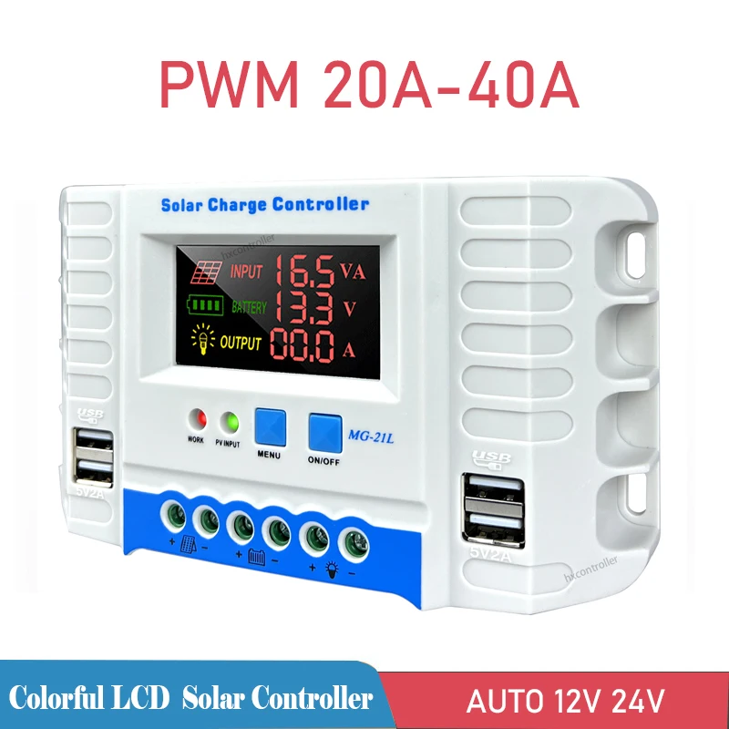 

Dual USB 5V Output Colorful LCD Dispaly PWM Battery Charger 12V/24V 20A 30A 40A Solar Controller