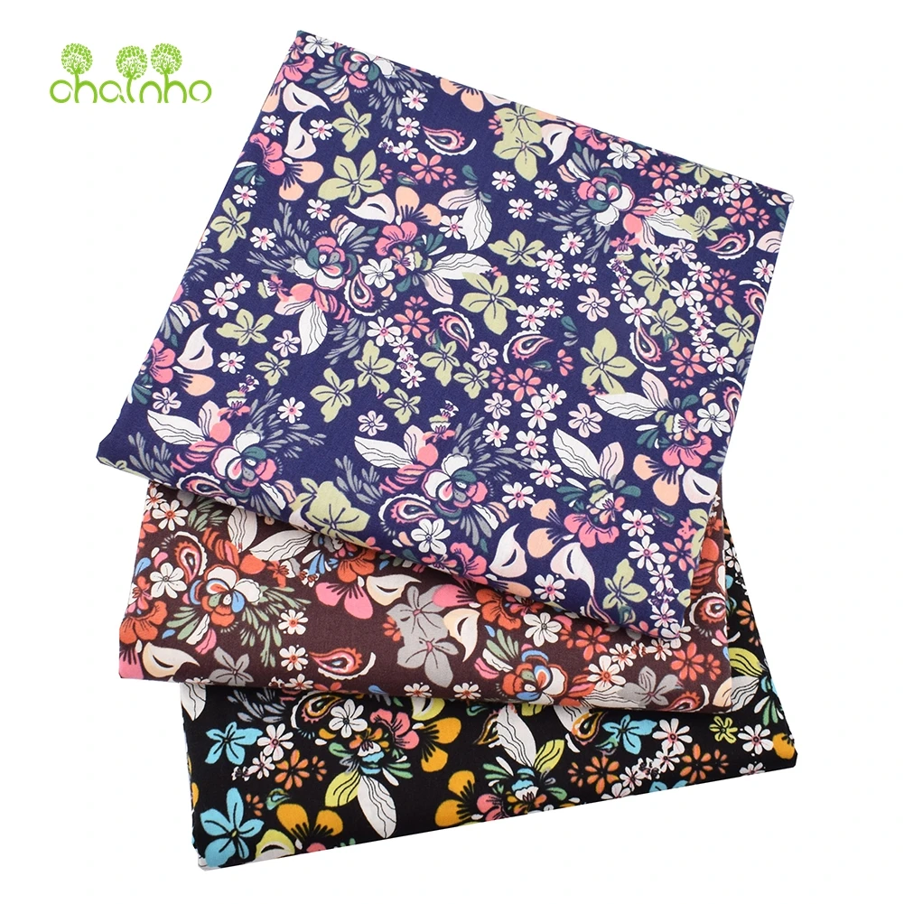 Chainho,Printed Plain Weave Poplin Cotton Fabric,DIY Quilting Sewing Material,Patchwork Cloth,Floral Series,3 Sizes,15PC37