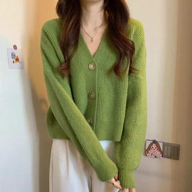韓国-長袖の女性用カーディガン,ゆったりとしたVネックセーター