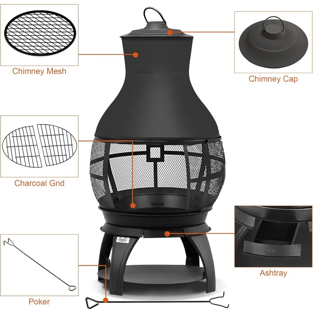 Fire Pit Wood Burning Chiminea Outside Fireplace Patio Small Firepit, Size 17.7" W x 35.6" H, Brown-Black