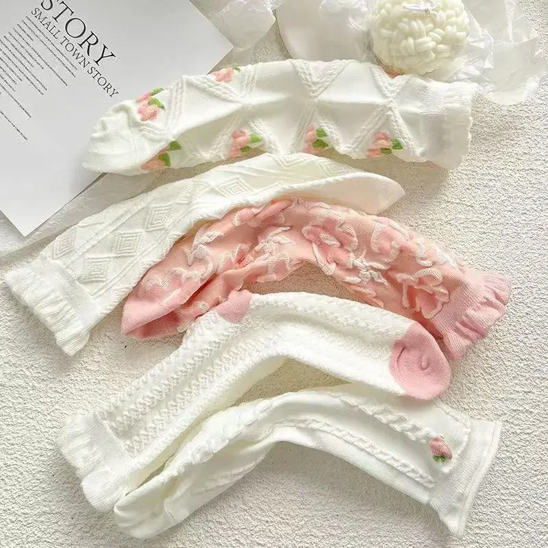 

Комплект женских хлопковых коротких носков с оборками, милая летняя одежда в японском стиле Лолита, 5 белых цветов, для девушек, весна-лето
