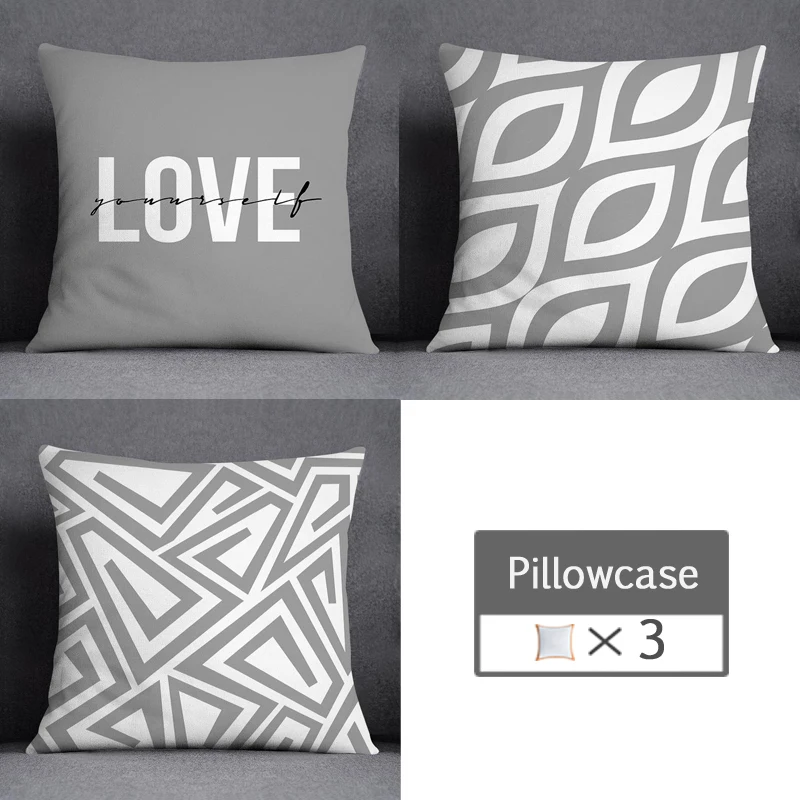 3pcs/lot 45X45CM Gray Lumbar Pillow Case Polyester Geometry Leaf Floral Stripes Plaids Print Sofa Throw Cushion Cover Home Decor 