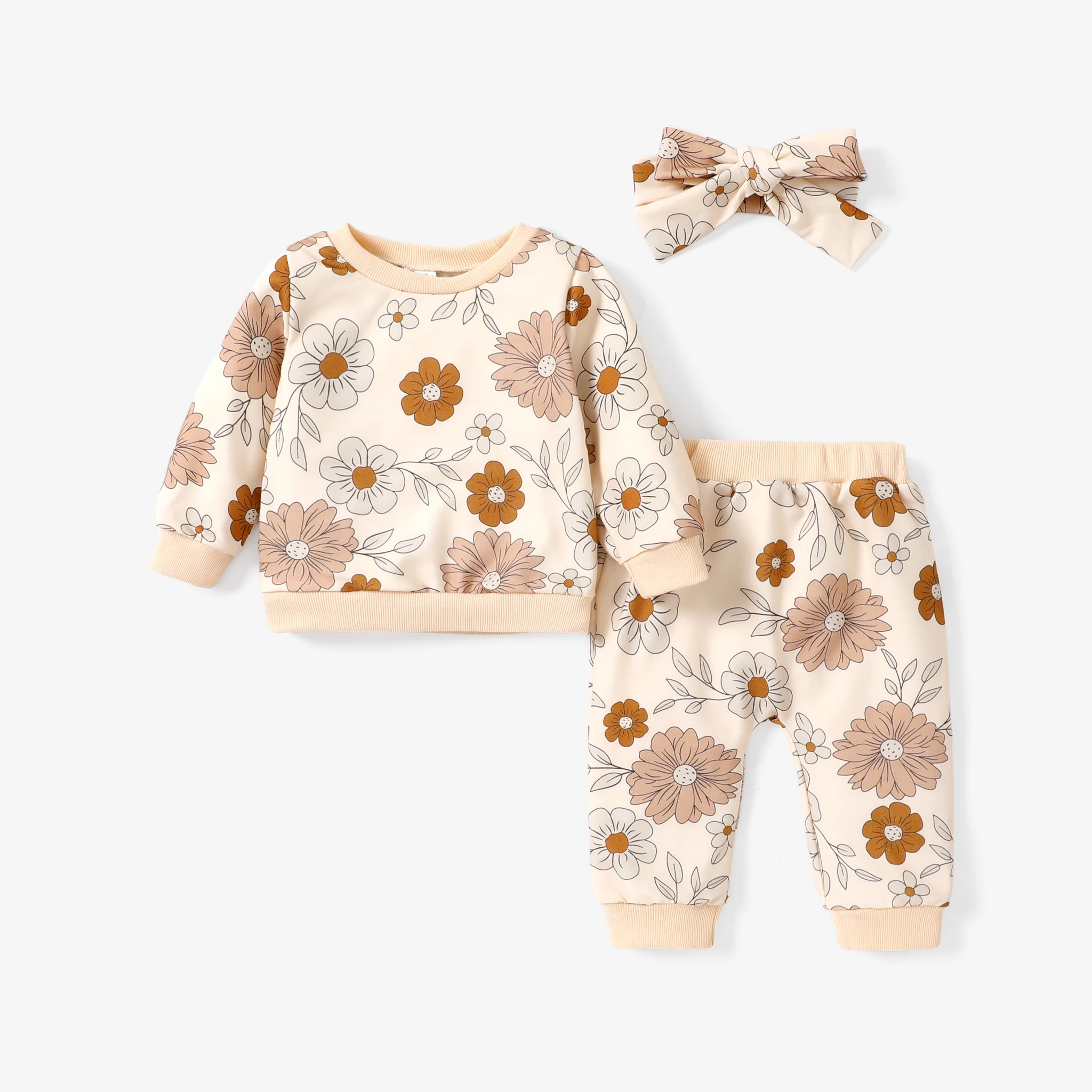 

PatPat 3pcs Baby Girl Allover Floral Print Long-sleeve Sweatshirt and Pants & Headband Set