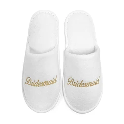 Luxurious Bridal Party Slippers with Elegant Golden & Pink Embroidery, Lightweight Plush Cozy Flats with Non - Slip Soft Sole - One Size (Bridesmaid Golden)
