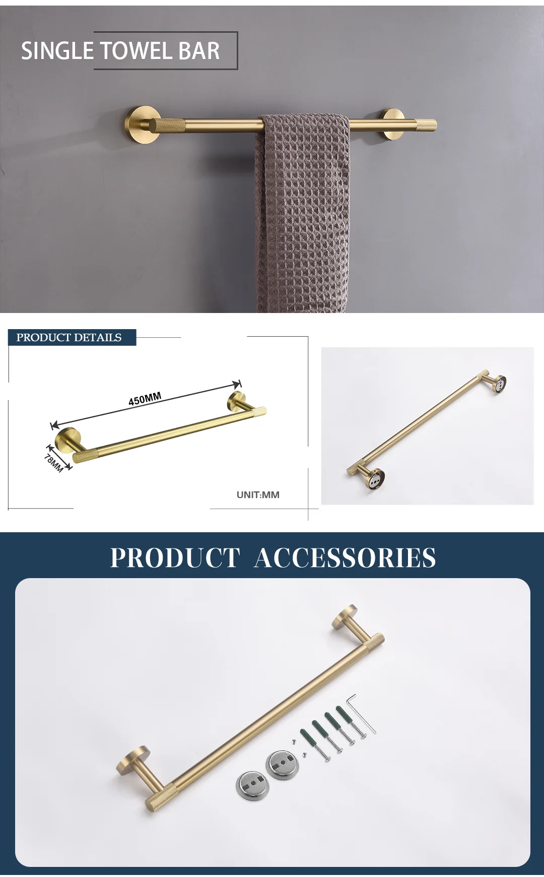 Description Picture 3 of itemBrushed Gold 45CM Brass knurling Towel Bar Robe Coat Hook Toilet Tissue Paper Holder Bathroom Accessories Kit Kitchen Towel Hook