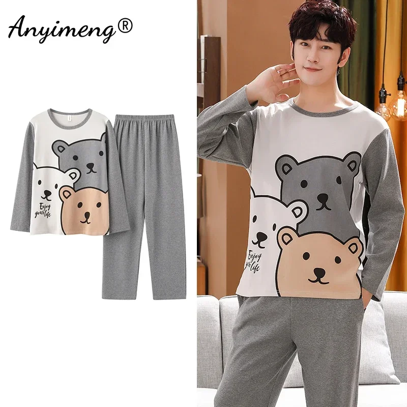 Big Size Autumn New Mens Casual Pajamas Set Cotton Long Sleeve Kawaii Bear Cartoon Printing Sleepwear for Men Pijama for Boy cartoon bear print sleepwear autumn winter cotton men pajamas set casual long sleeve plaid long pants men s pajama plus size 3xl