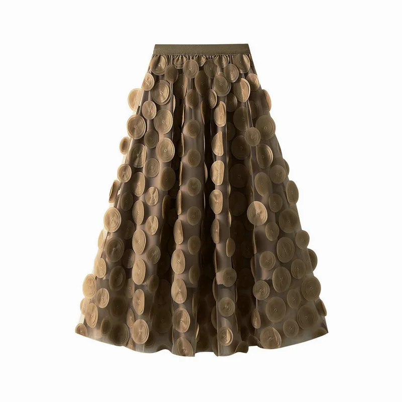 Autumn Winter 3D Circular Applique Mesh Long Skirts 2026 Korean Fashion Hepburn Style High Waist A-LINE Skirt