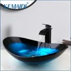 KEMAIDI Bathroom Basin Sink Faucet Combo Tempered Glass Sinks with Waterfall Faucets Blue Veseel Sink Washbasin Mixer Set 1
