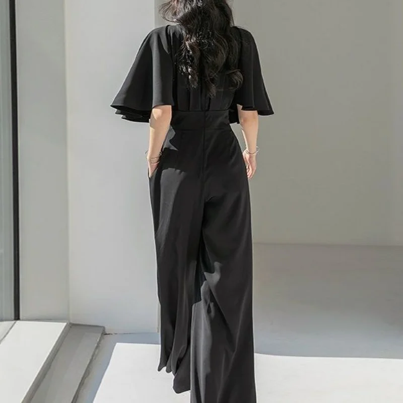 Flying Short-sleeve Jumpsuits Women Loose S-4XL V-neck Black Wide Leg Simple Elegant Office Ladies New Arrivals Summer Fashion