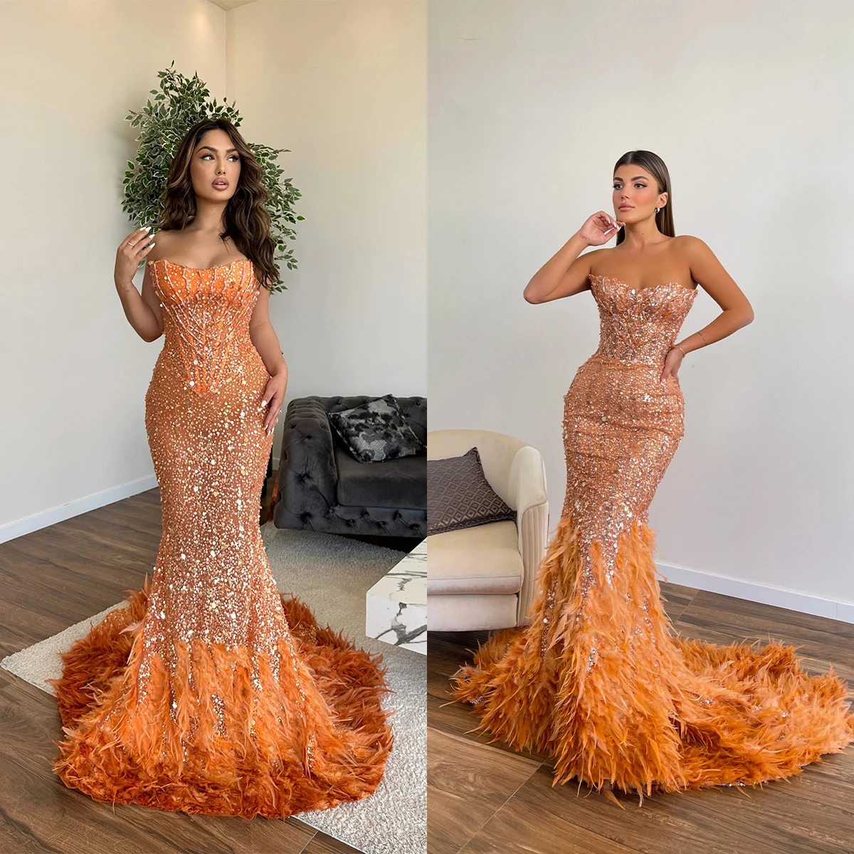 

Chic Mermaid Evening Dresses Sexy Sweetheart Feather Appliqued Lace Prom Gown Custom Made Lace-Up Back Sweep Train Robe