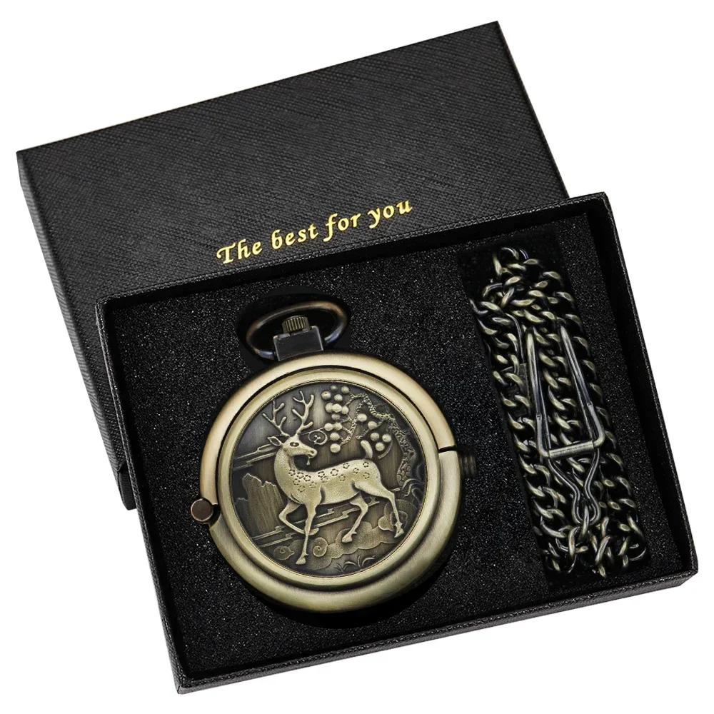 Bronze Elk Mechanical Pocket Watch Roman Numerals Skeleton Dial Pendant Clock  Casual Fashion Gifts for Women Men