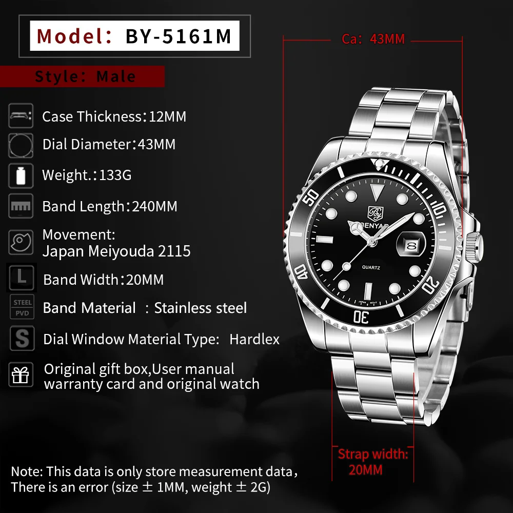 BENYAR Watch For Men Luxury Business Quartz Wristwatch Top Brand Calendar 30M Waterproof Stainless Steel Men Watch Reloj Hombre