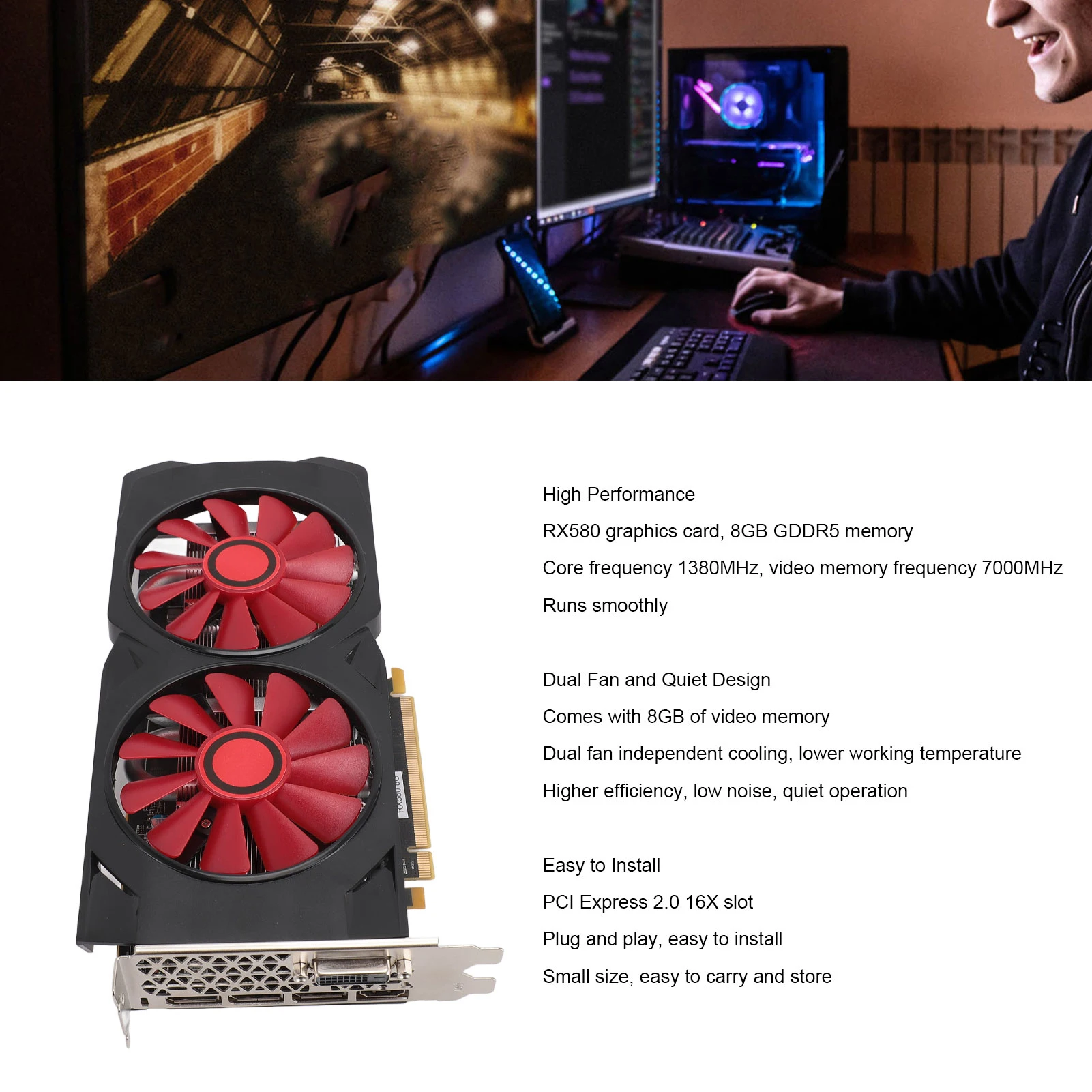 Game Graphics Card RX580 8GB GDDR5 256bit Quiet Dual Cooling Fan PCIe Gaming Graphics Card for Desktop PC Gaming Graphics Card