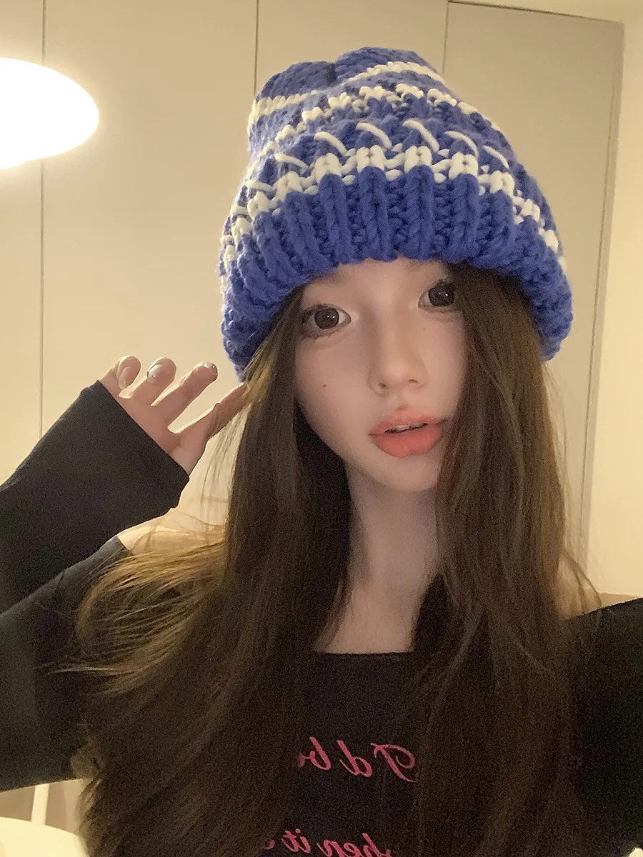 Gebreide beanie muts dames gestreept dik winter warm retro stijl_voghion.com