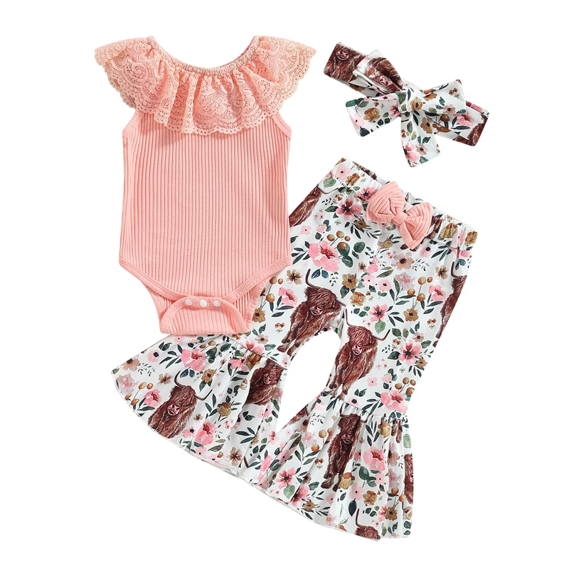 

Комплект одежды для маленьких девочек, летний кружевной комбинезон в западном стиле без рукавов, топы с коровьими цветами и повязка на голову, наряд