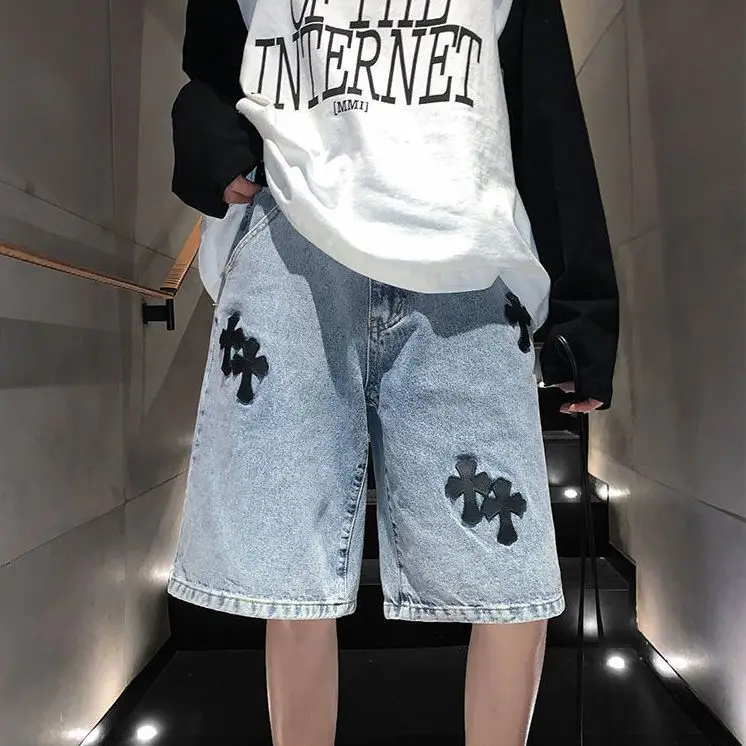 American cross-print denim shorts men's summer thin Hong Kong style loose trousers denim shorts summer jeans shorts