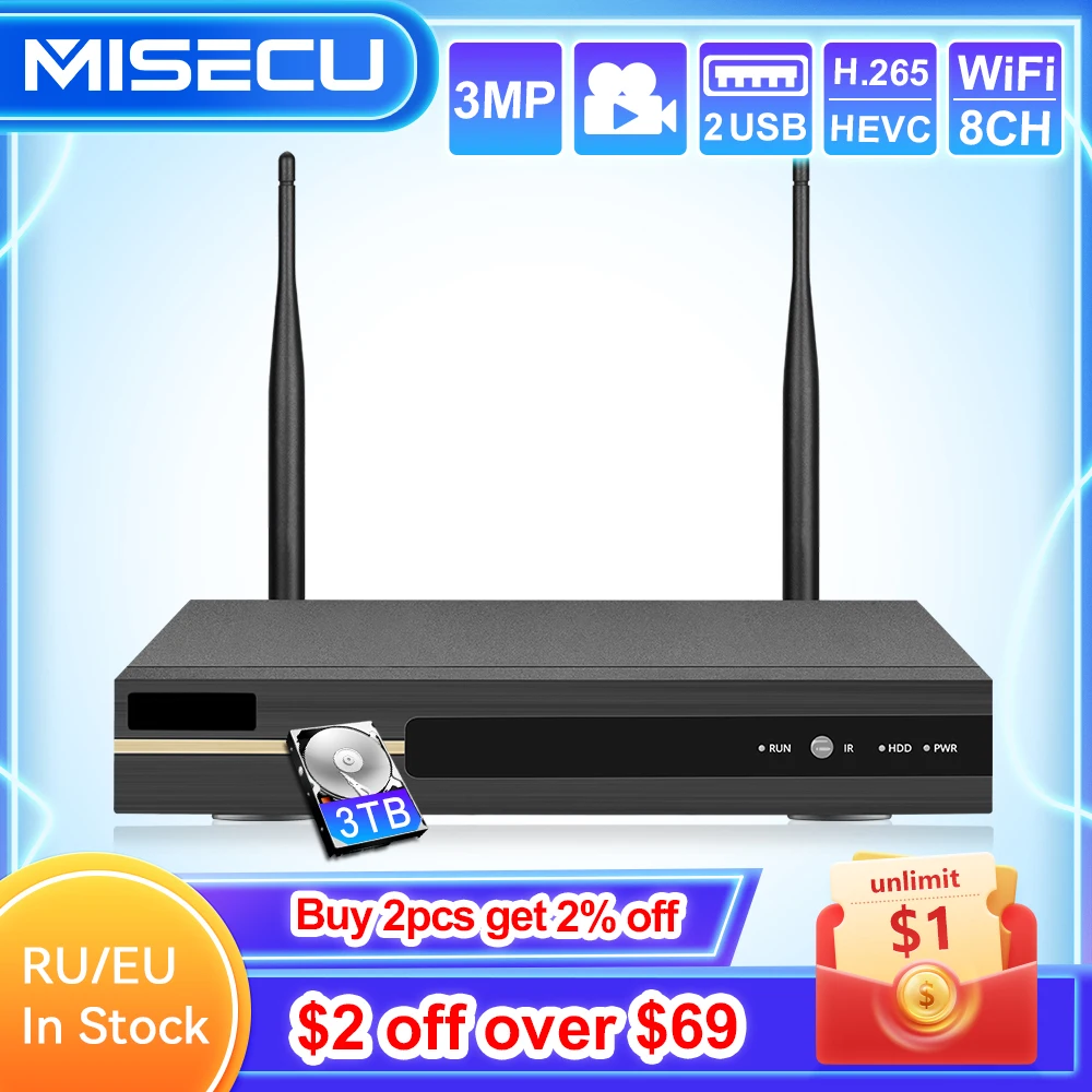Misecu 8Ch H.265 3Mp Wireless Nvr Recorder Wifi H.265 Cctv Security System P2P Onvif Ip Camera Hdmi Network Video Smart Playback