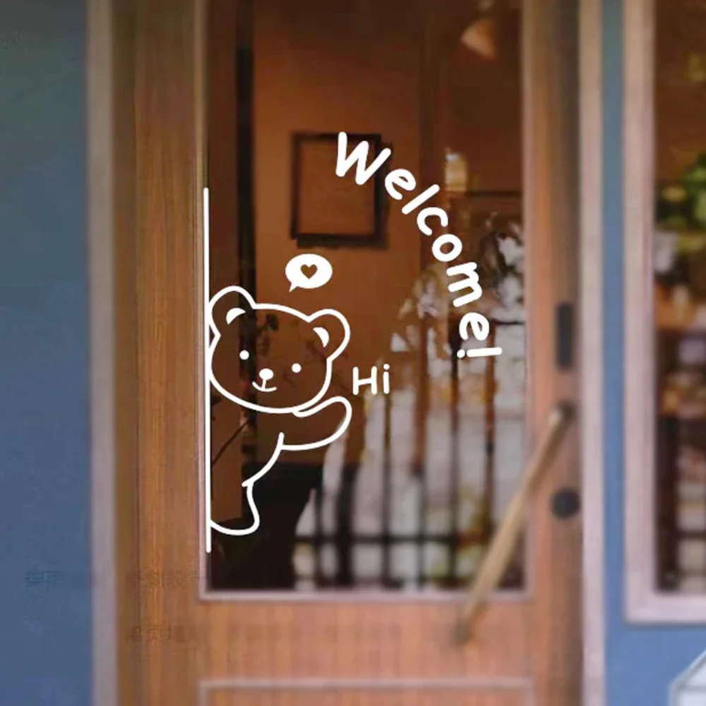Hello Welcome Acrylic Mirror Wall 3D Cartoon Bear Wall Stickers Cartoon Cat Stickers Home Shops Cafes Door Window Decorations