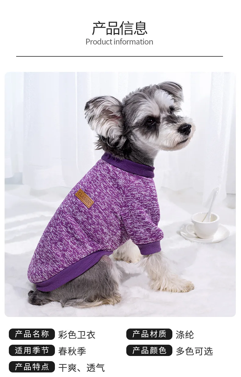Small dog wearing a soft knitted round neck jumper
