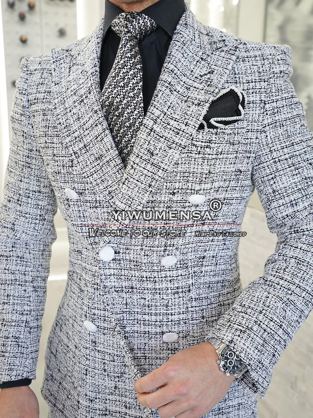 Tweed Wool Business Suits Men Slim Fit Double Breasted Jacket Trousers 2 Pieces Groom Wedding Tuxedos Tailored Male Fashion Coat
