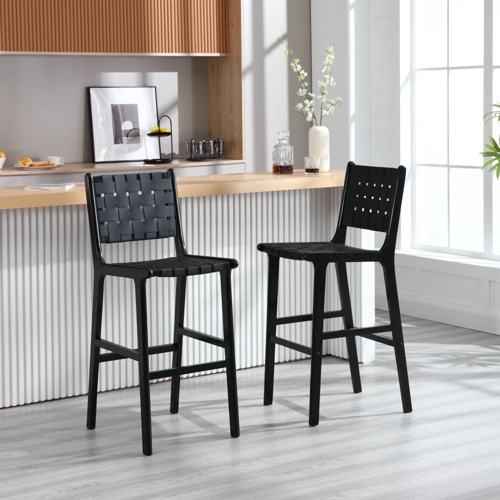 

Hengming saddle leather woven bar chair with solid wood legs, suitable for living room, kitchen and other leisure areas