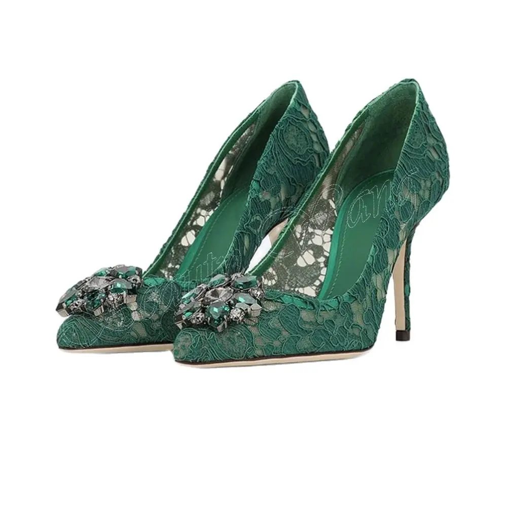 

Green Lace Pumps Crystal Decor Slip on Solid Thin Heel Shoes for Women Pointed Toe High Heels Fashion 2023 Zapatos Para Mujere