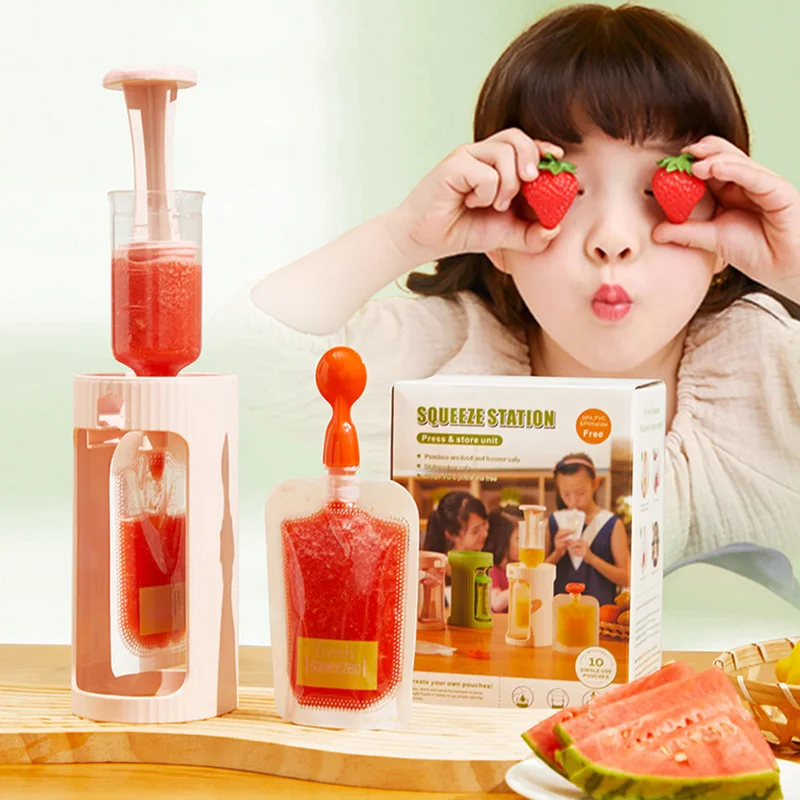 Baby Food Dispenser with Storage Bags +Cover Fruit Juice Sauce Extruder Squeeze Portable Outdoor Kids Food Storage with Spoon