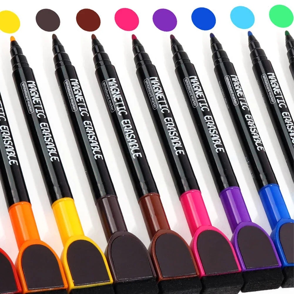 Magnetic Erasable Whiteboard Markers with Quick-Dry Water-Based Ink and Built-In Eraser