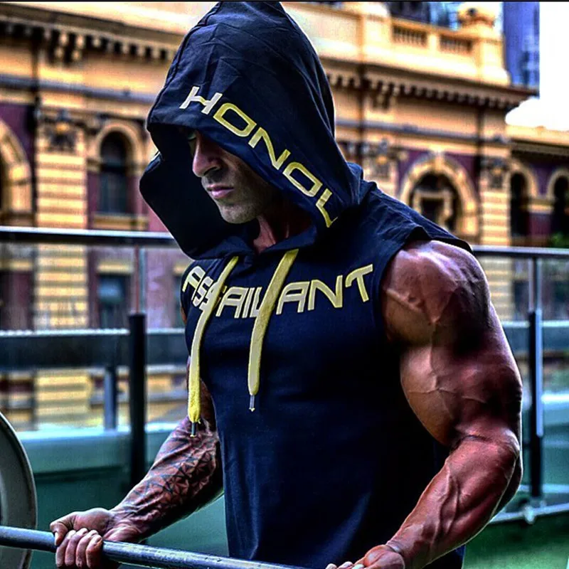 

Summer Bodybuilding Tank Tops Men Gym Fitness Hooded Sleeveless Shirt Male Cotton Singlets Joggers Hoodies Vest Casual Clothing