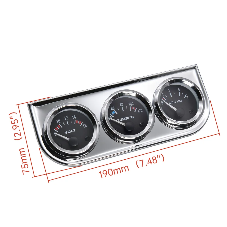 Olie / Volt / Watermeter Met Roestvrij Staal, 3 In 1 Voltmeter Watertemperatuurmeter Oliedrukmeter Met Sensor 52 Mm Drievoudige Meters Met Zwarte C