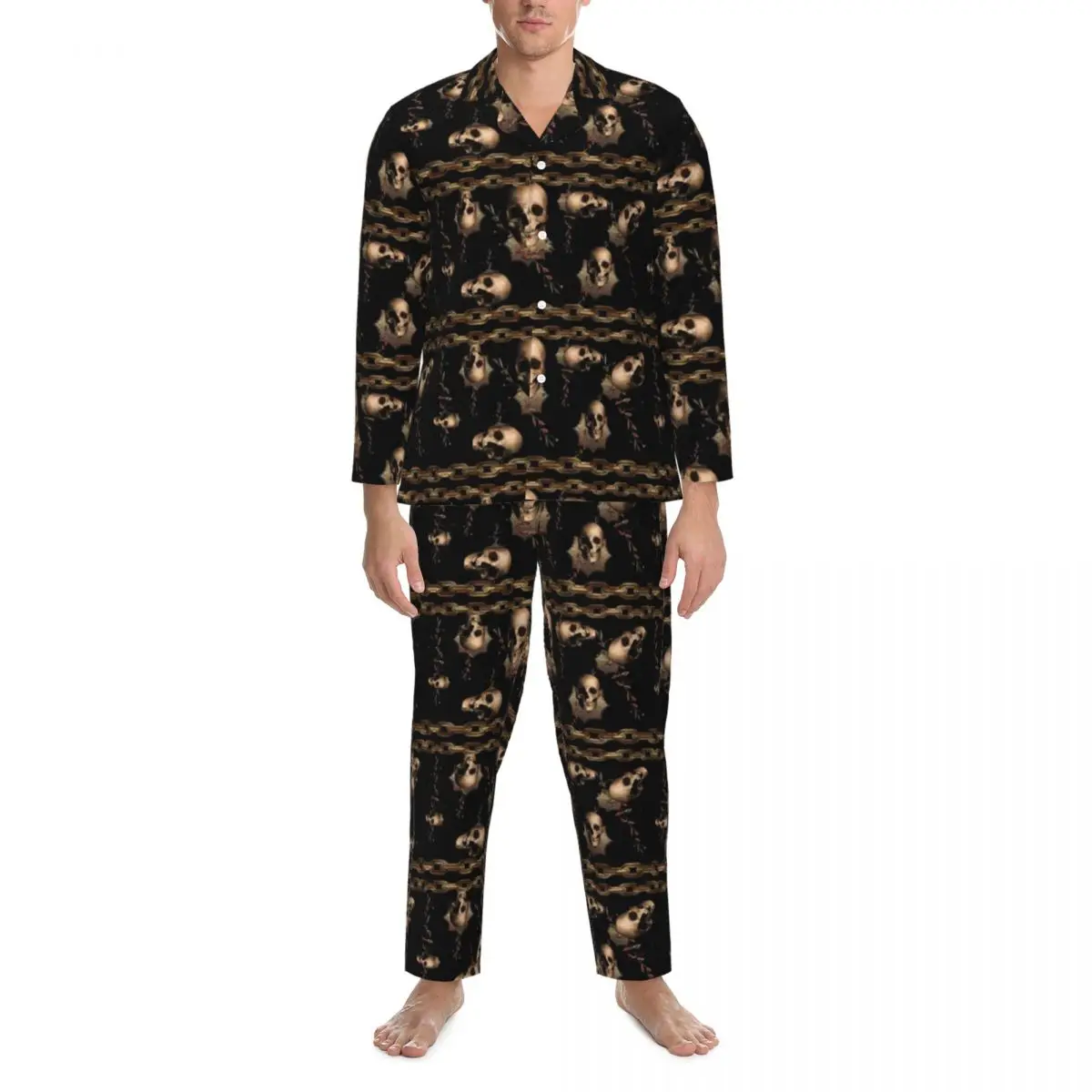 

Steampunk Skull Pajama Sets Gold Chain Ediemagic Guilding Warm Sleepwear Couple Long Sleeves Vintage Daily 2 Pieces Nightwear