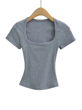 Square Collar High Stretch Summer Crop Tops Women Short Sleeve Tops Sexy Pullover Bottoming Blouses Slim T-shirt 4