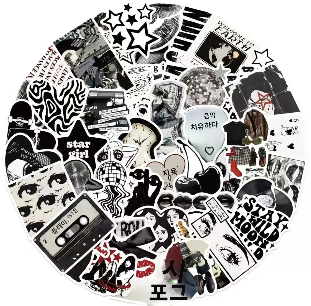 50개 세트 Y2K 흑백 시리즈, 방수 및 레트로-큐트 미학으로 디자인된, 여행 가방 및 기타 DIY 장