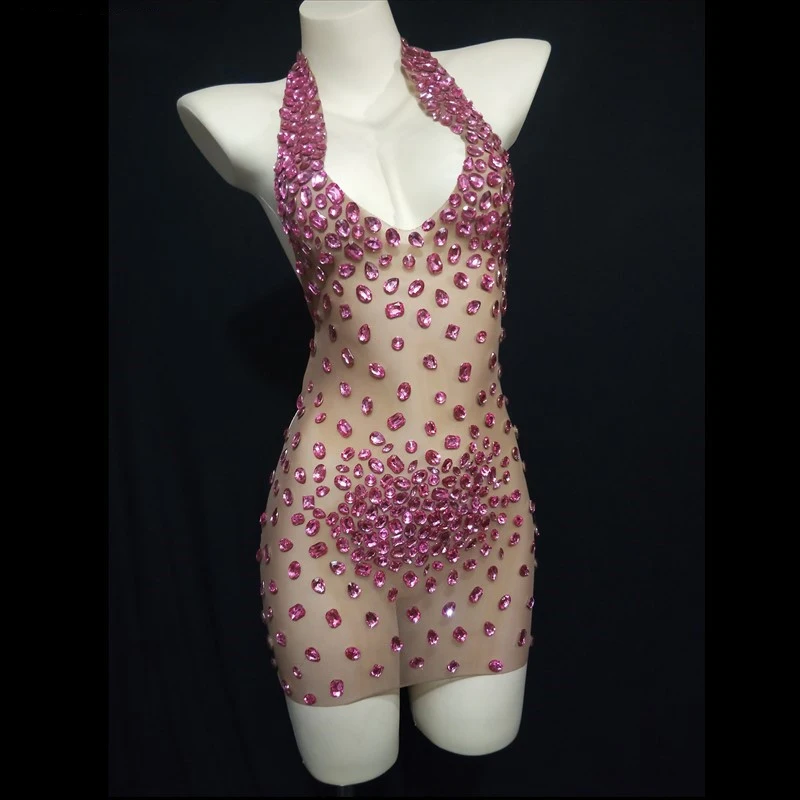 

Pink Rhinestone Transparent Outfit Evening Birthday Celebrate Dress Short Dress Women Dancer Prom Backless Halter