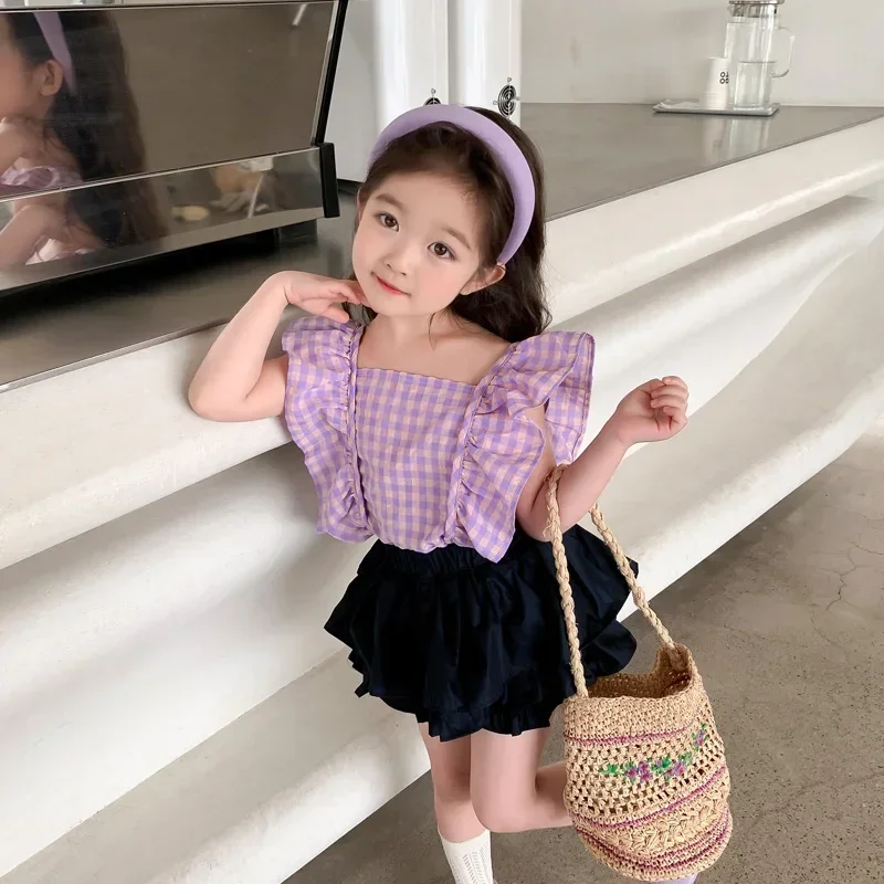 

Baby Girls Clothing Sets Summer Children Plaid Tops Lace Shorts Kids Beach Holiday Princess Clothes Infant Outfits 2-8 Years