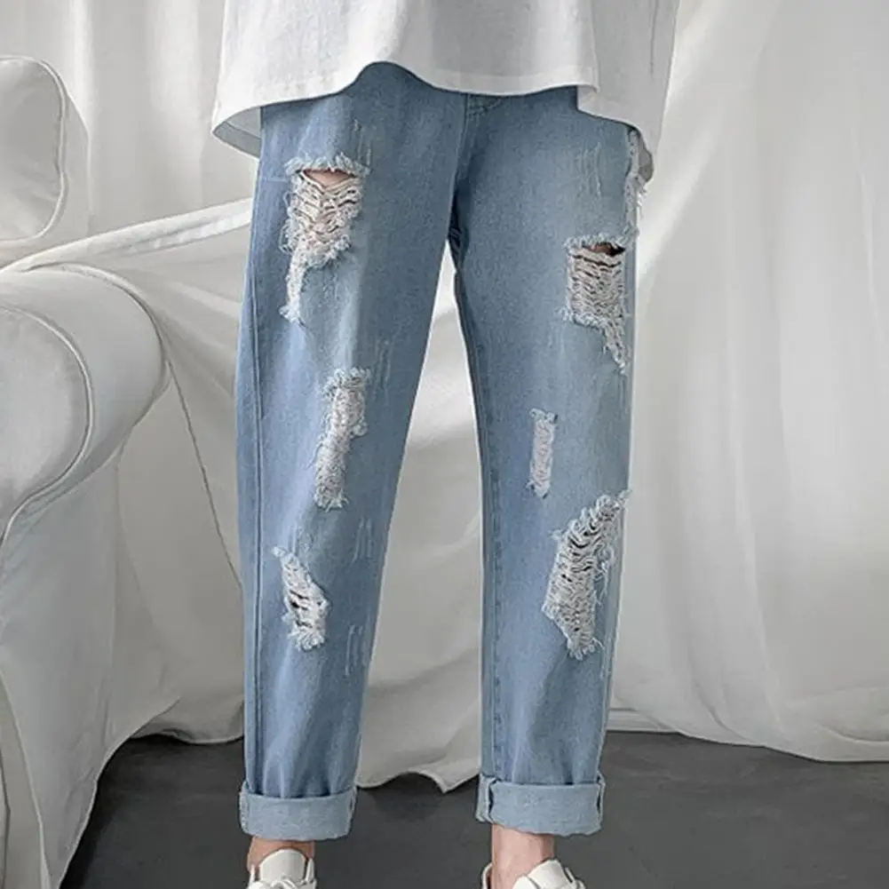 Men Pants Solid Color Ripped Mid Waist Casual Students Jeans for Daily Wear drop shipping lady pants solid color faux feather vintage high waist smooth straight leg pants for daily wear