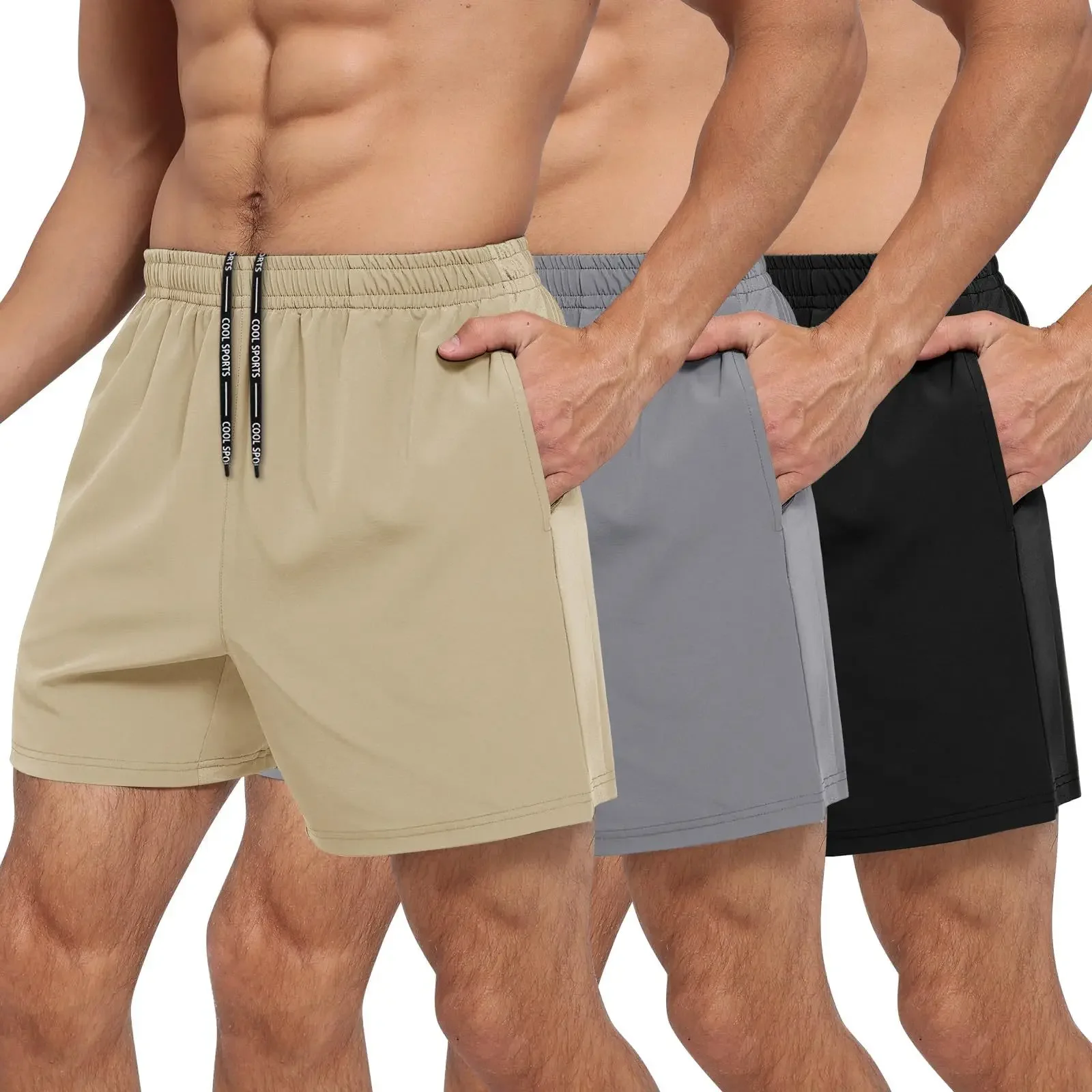 Men's Quick Dry Running Pants Casual Fitness Sports Shorts with Zipper Pockets Three-in-One Design Comfortable Breathable