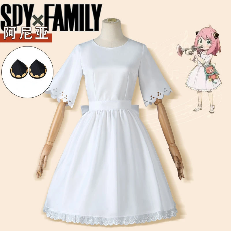 

Anime Spy X Family Anya Forger Cosplay Costume Adult Kids Halloween Roleplay Set White Dress Headdress Daily-wear